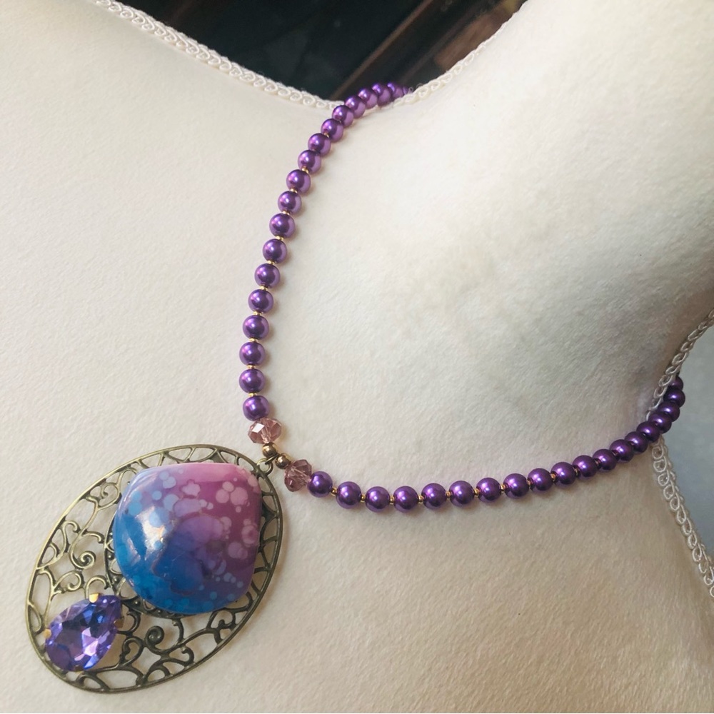 Handcrafted repurpose ombré porcelain filigree Czech glass Pearl necklace